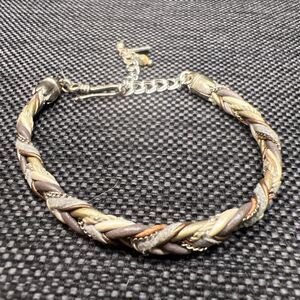 Chan Luu Leather Braid Bracelet Single Strand Gray Ivory Silver Tone Hook Clasp